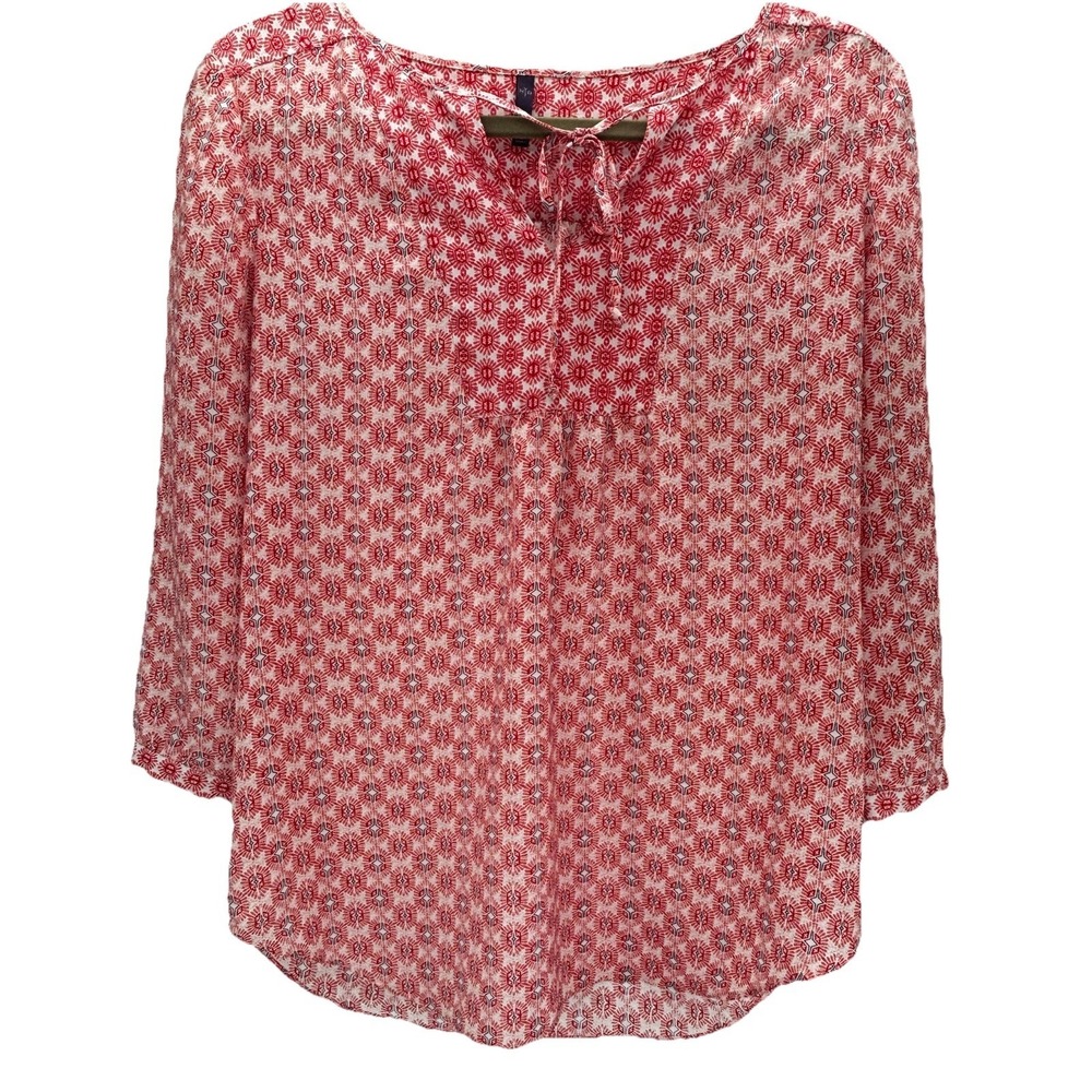 NYDJ Red White Geometric Tie Neck 3/4 Sleeve Petite Blouse PS